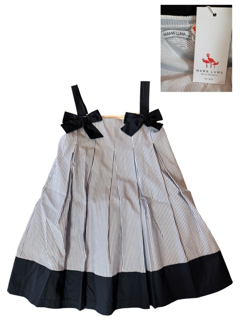 Mama Luma Dress Girls 7-8 Blue White Pinstripe Bow Knee Length